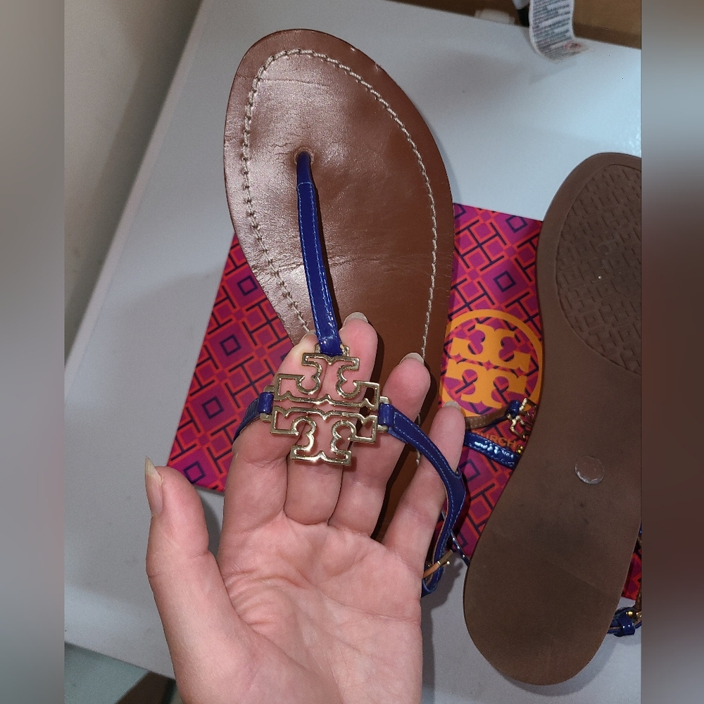 Tory Burch Designer Melinda Blue T Strap Sandals Slingback Flat 8.5 - Picture 3 of 11